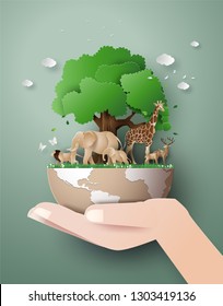 World Wildlife Day with the animal in forest , Paper art and digital craft style. - Shutterstock ID 1303419136