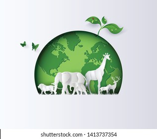 World Wildlife Day with the animal in forest , Paper cut and digital craft style.