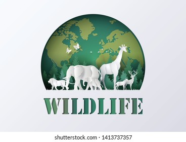 World Wildlife Day with the animal in forest , Paper cut and digital craft style.
