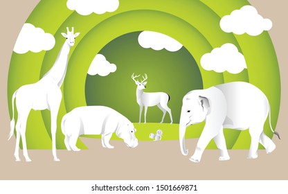 World Wildlife Day with the animal in forest , Paper art and craft style. 