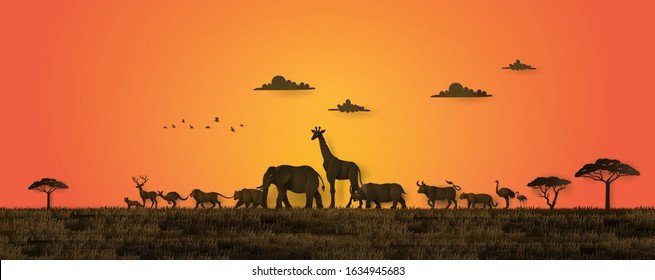 World Wildlife Day with the animal in forest with sun set , Paper art and digital craft style.