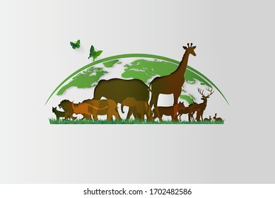 World Wildlife Day with the animal in forest , Paper art and digital craft style.