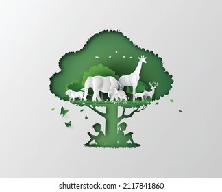 World Wildlife Day with the animal in forest  on tree frame, Paper art and digital craft style. - Shutterstock ID 2117841860