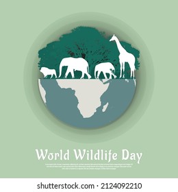 World Wildlife Day with the animal in the forest, Paper art, and digital craft style.