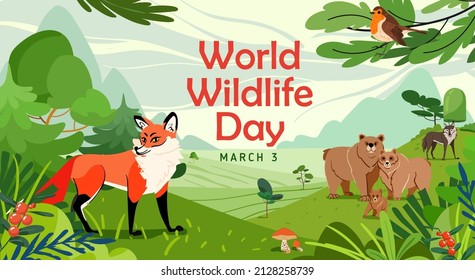 World Wildlife Day with animal in forest. Fox, bears, wolf and robin bird with forest tree and plant. Flat vector illustration. Wild animal character
