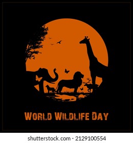 World Wildlife Day with the animal in forest with sun set, Lion, Elephant and giraffe vector illustration.