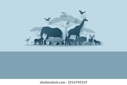  Día Mundial de la Vida Silvestre y Día Mundial del Animal con el animal en el bosque, arte Papercut y estilo de artesanía digital. el contenido se creó utilizando herramientas y software de dibujo de Vectores, no generados por IA