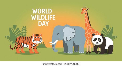 World Wildlife Day with animal in forest. Tiger, Elephant, Giraffe, Panda, with forest tree and plant. Flat vector illustration. Wild animal character
