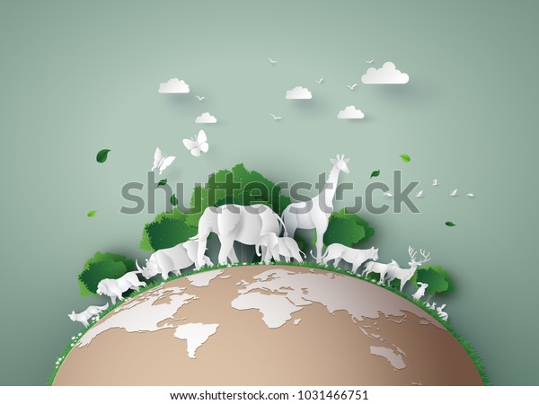 World Wildlife with the animal in forest , Paper art and digital craft style.