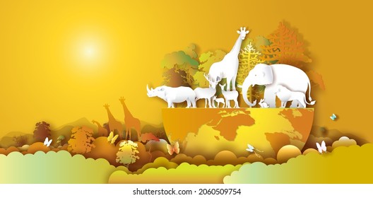 World Wildlife Day with animals in autumn forest environment, Paper art, paper cut and origami craft style. Vector illustration world environment wildlife day with animal on earth in natural.