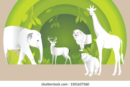 World Wildlife Day with the animals in forest , Paper art craft style. 