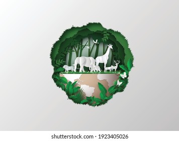 World Wildlife Day with the animals in forest , Paper  cut art and digital craft style. - Shutterstock ID 1923405026