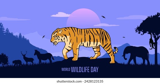 World Wildlife Day with the animals and forest background silhouette for social media banner