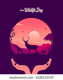 World Wildlife Day with the animals and forest background silhouette for social media banner