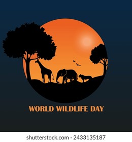 World wildlife day with animals in the forest Vector, Happy world wildlife day. World wildlife day vector.