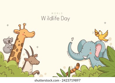 World Wildlife Day Background. World Wildlife Day celebration. March 3. Cartoon Vector illustration design for Poster, Banner, Flyer, Card, Cover, Post. animals in forest. wild animals background.