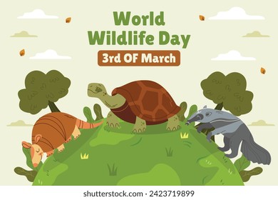 World Wildlife Day Background. World Wildlife Day celebration. March 3. Cartoon Vector illustration design for Poster, Banner, Flyer, Card, Cover, Post. animals in forest. wild animals background.