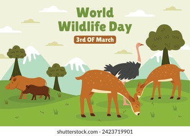 World Wildlife Day Background. World Wildlife Day celebration. March 3. Cartoon Vector illustration design for Poster, Banner, Flyer, Card, Cover, Post. animals in forest. wild animals background.