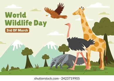 World Wildlife Day Background. World Wildlife Day celebration. March 3. Cartoon Vector illustration design for Poster, Banner, Flyer, Card, Cover, Post. animals in forest. wild animals background.