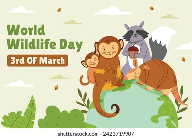 World Wildlife Day Background. World Wildlife Day celebration. March 3. Cartoon Vector illustration design for Poster, Banner, Flyer, Card, Cover, Post. animals in forest. wild animals background.