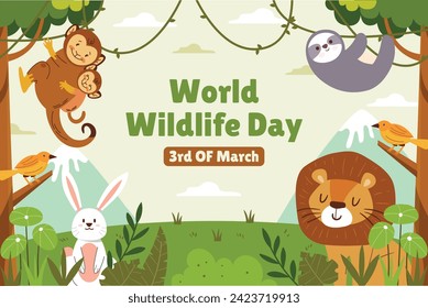 World Wildlife Day Background. World Wildlife Day celebration. March 3. Cartoon Vector illustration design for Poster, Banner, Flyer, Card, Cover, Post. animals in forest. wild animals background.