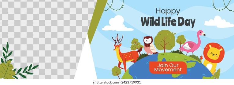 World Wildlife Day Background. World Wildlife Day celebration. March 3. Cartoon Vector illustration design for Poster, Banner, Flyer, Card, Cover, Post. animals in forest. wild animals background.