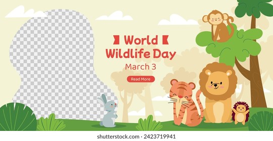 World Wildlife Day Background. World Wildlife Day celebration. March 3. Cartoon Vector illustration design for Poster, Banner, Flyer, Card, Cover, Post. animals in forest. wild animals background.