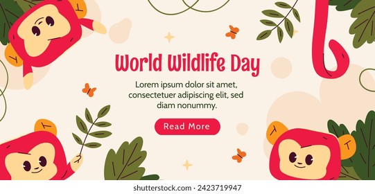 World Wildlife Day Background. World Wildlife Day celebration. March 3. Cartoon Vector illustration design for Poster, Banner, Flyer, Card, Cover, Post. animals in forest. wild animals background.