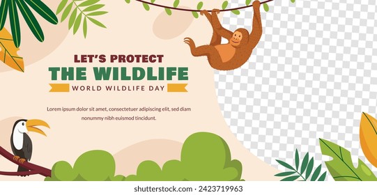 World Wildlife Day Background. World Wildlife Day celebration. March 3. Cartoon Vector illustration design for Poster, Banner, Flyer, Card, Cover, Post. animals in forest. wild animals background.