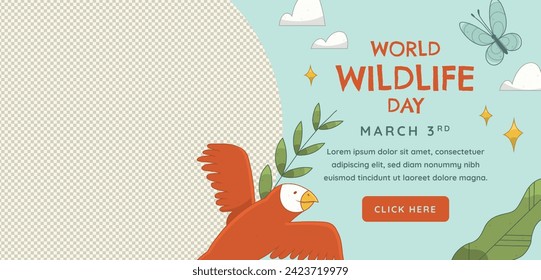 World Wildlife Day Background. World Wildlife Day celebration. March 3. Cartoon Vector illustration design for Poster, Banner, Flyer, Card, Cover, Post. animals in forest. wild animals background.