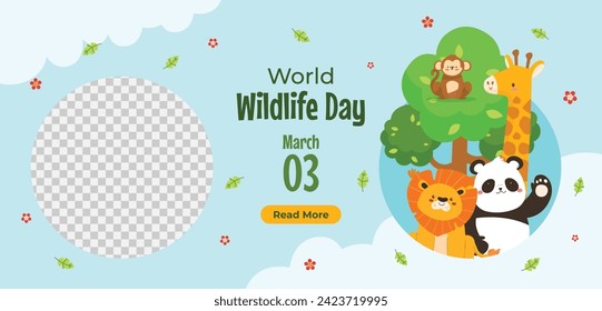 World Wildlife Day Background. World Wildlife Day celebration. March 3. Cartoon Vector illustration design for Poster, Banner, Flyer, Card, Cover, Post. animals in forest. wild animals background.