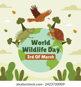 World Wildlife Day Background. World Wildlife Day celebration. March 3. Cartoon Vector illustration design for Poster, Banner, Flyer, Card, Cover, Post. animals in forest. wild animals background.