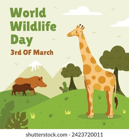 World Wildlife Day Background. World Wildlife Day celebration. March 3. Cartoon Vector illustration design for Poster, Banner, Flyer, Card, Cover, Post. animals in forest. wild animals background.