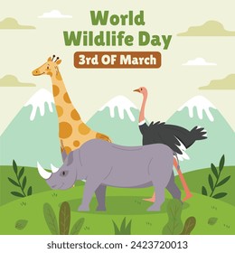World Wildlife Day Background. World Wildlife Day celebration. March 3. Cartoon Vector illustration design for Poster, Banner, Flyer, Card, Cover, Post. animals in forest. wild animals background.