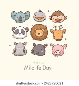 World Wildlife Day Background. World Wildlife Day celebration. March 3. Cartoon Vector illustration design for Poster, Banner, Flyer, Card, Cover, Post. animals in forest. wild animals background.