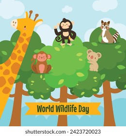 World Wildlife Day Background. World Wildlife Day celebration. March 3. Cartoon Vector illustration design for Poster, Banner, Flyer, Card, Cover, Post. animals in forest. wild animals background.