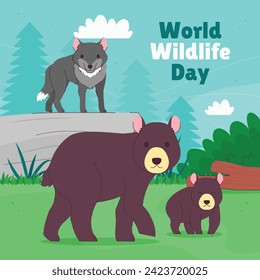 World Wildlife Day Background. World Wildlife Day celebration. March 3. Cartoon Vector illustration design for Poster, Banner, Flyer, Card, Cover, Post. animals in forest. wild animals background.