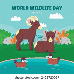 World Wildlife Day Background. World Wildlife Day celebration. March 3. Cartoon Vector illustration design for Poster, Banner, Flyer, Card, Cover, Post. animals in forest. wild animals background.