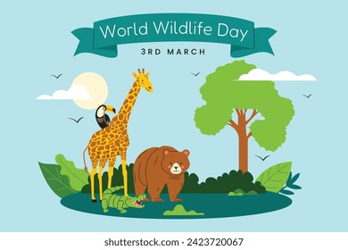 World Wildlife Day Background. World Wildlife Day celebration. March 3. Cartoon Vector illustration design for Poster, Banner, Flyer, Card, Cover, Post. animals in forest. wild animals background.