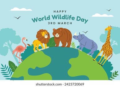 World Wildlife Day Background. World Wildlife Day celebration. March 3. Cartoon Vector illustration design for Poster, Banner, Flyer, Card, Cover, Post. animals in forest. wild animals background.