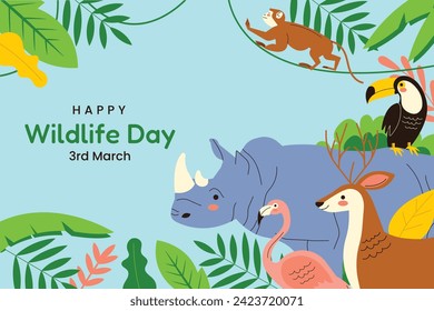 World Wildlife Day Background. World Wildlife Day celebration. March 3. Cartoon Vector illustration design for Poster, Banner, Flyer, Card, Cover, Post. animals in forest. wild animals background.