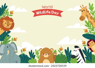 Antecedentes del Día Mundial de la Vida Silvestre. Celebración del Día Mundial de la Vida Silvestre. 3 de marzo. Diseño de ilustración de vectores de caricatura para afiche, pancarta, volante, tarjeta, cubierta, publicación. animales en el bosque. fondo de animales salvajes.