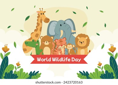 World Wildlife Day Background. World Wildlife Day celebration. March 3. Cartoon Vector illustration design for Poster, Banner, Flyer, Card, Cover, Post. animals in forest. wild animals background.