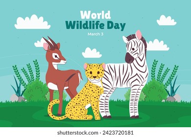 World Wildlife Day Background. World Wildlife Day celebration. March 3. Cartoon Vector illustration design for Poster, Banner, Flyer, Card, Cover, Post. animals in forest. wild animals background.