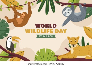 Antecedentes del Día Mundial de la Vida Silvestre. Celebración del Día Mundial de la Vida Silvestre. 3 de marzo. Diseño de ilustración de vectores de caricatura para afiche, pancarta, volante, tarjeta, cubierta, publicación. animales en el bosque. fondo de animales salvajes.