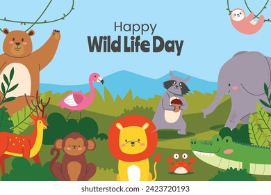 Antecedentes del Día Mundial de la Vida Silvestre. Celebración del Día Mundial de la Vida Silvestre. 3 de marzo. Diseño de ilustración de vectores de caricatura para afiche, pancarta, volante, tarjeta, cubierta, publicación. animales en el bosque. fondo de animales salvajes.