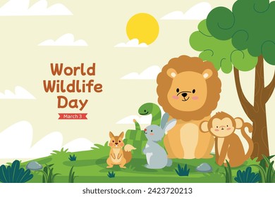 World Wildlife Day Background. World Wildlife Day celebration. March 3. Cartoon Vector illustration design for Poster, Banner, Flyer, Card, Cover, Post. animals in forest. wild animals background.