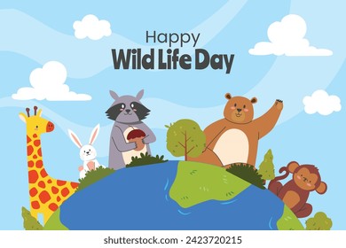 World Wildlife Day Background. World Wildlife Day celebration. March 3. Cartoon Vector illustration design for Poster, Banner, Flyer, Card, Cover, Post. animals in forest. wild animals background.