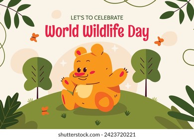 World Wildlife Day Background. World Wildlife Day celebration. March 3. Cartoon Vector illustration design for Poster, Banner, Flyer, Card, Cover, Post. animals in forest. wild animals background.