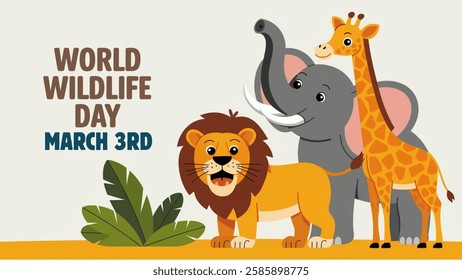 World Wildlife Day Background. World Wildlife Day celebration. March 3. Cartoon Vector illustration design for Poster, Banner, Flyer, Card, Cover, Post. animals in forest. wild animals background.